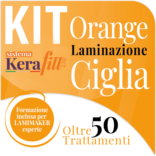 composizione di testi su fondo arancio con scritto KIT orange laminazione ciglia kerafill