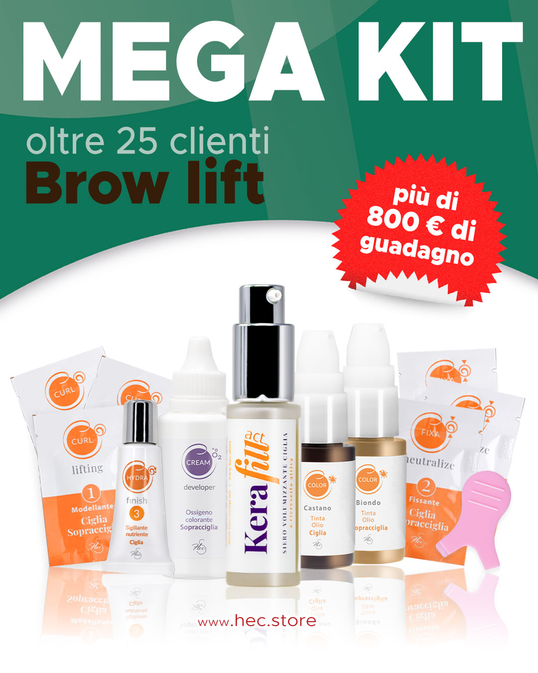 locandina con KIT completo prodotti sopracciglia con testata verde e scritta mega KIT