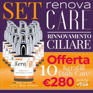 immagine con raffigurante 12 confezioni di kerafill su sfondo color arancio e viola per spot Renova Care