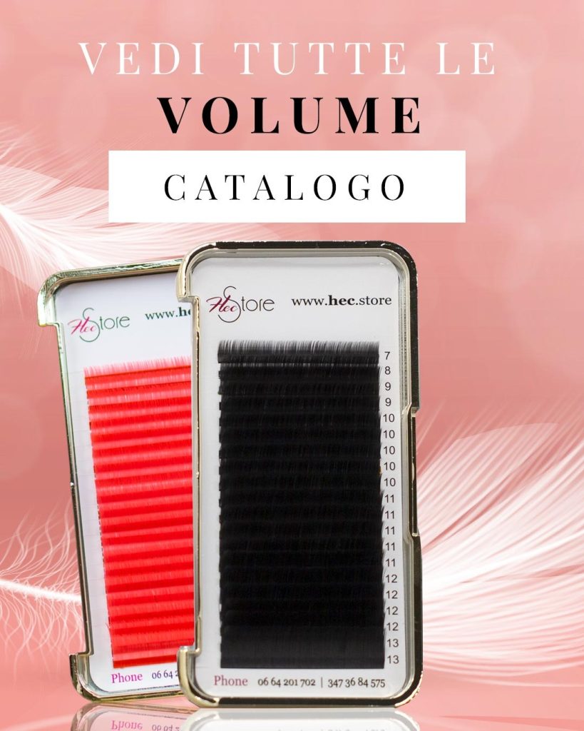 foto confezione ciglia extension volume con fondo piume e pulsante catalogo