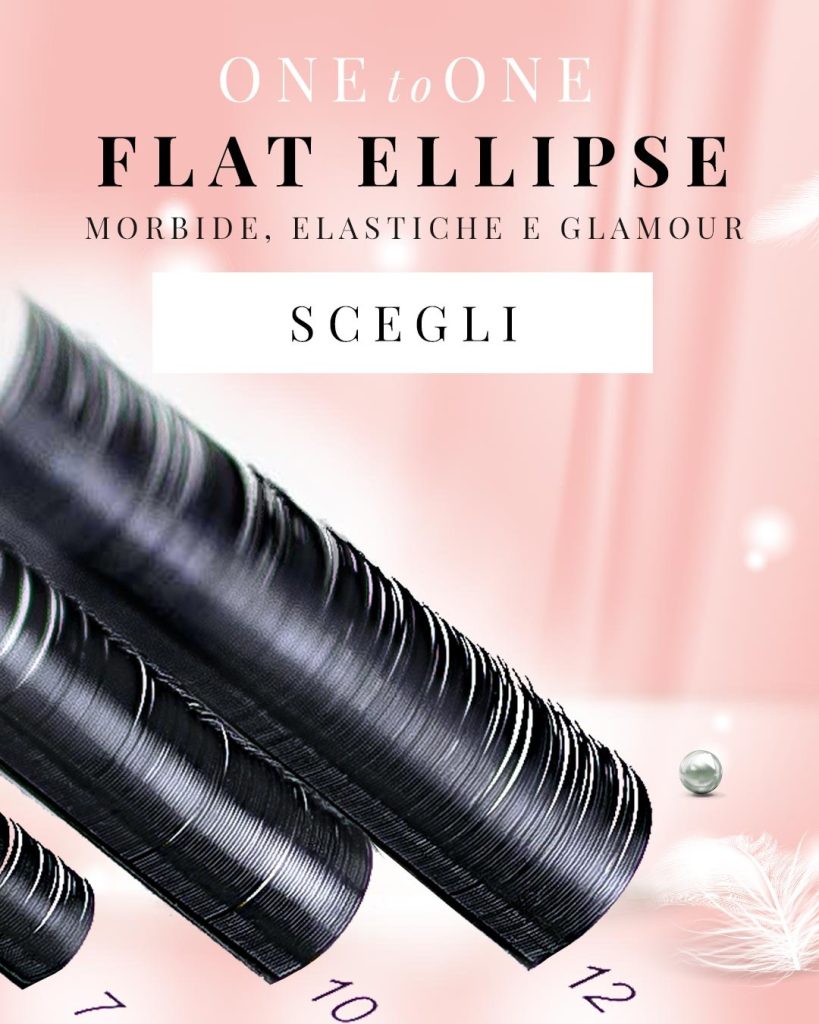 foto strisce ciglia extension flat ellipse one to one con fondo piume e pulsante scegli