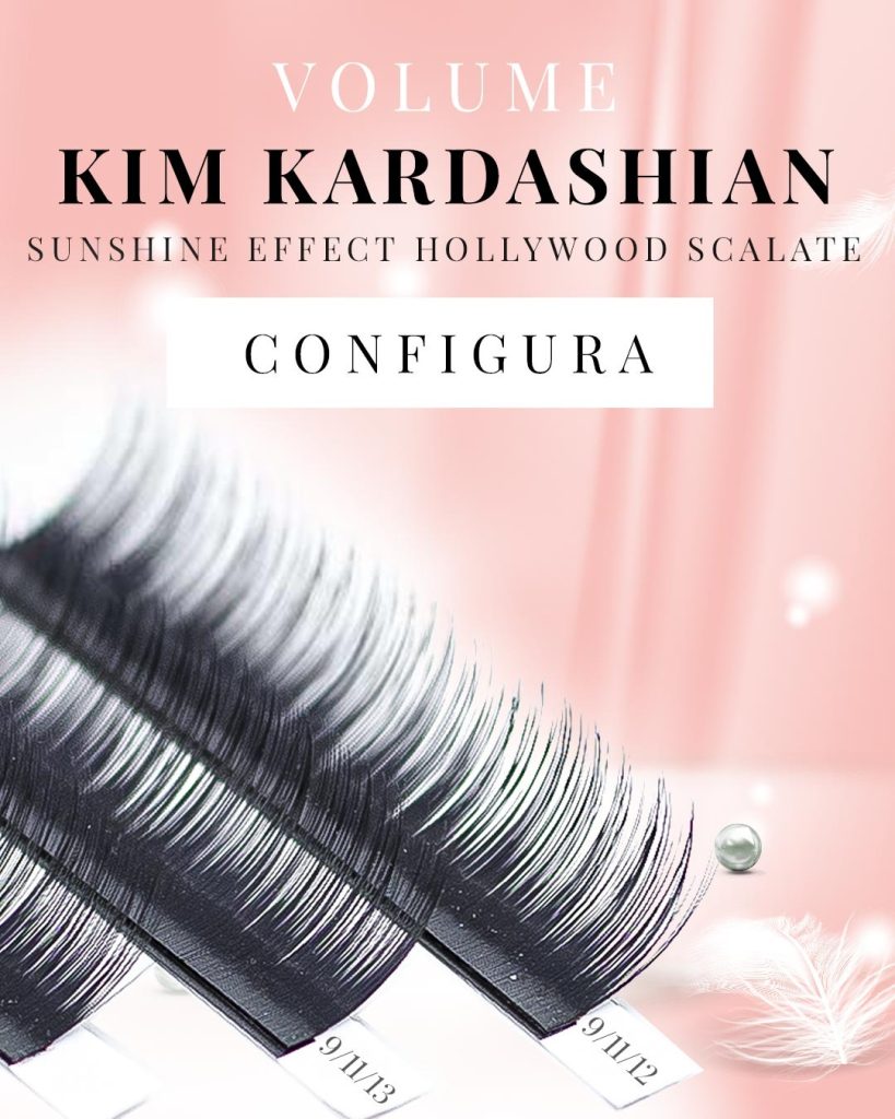 dettaglio di 3 strisce di ciglia per extension volume oblique con titolo ciglia volume kit kardashian