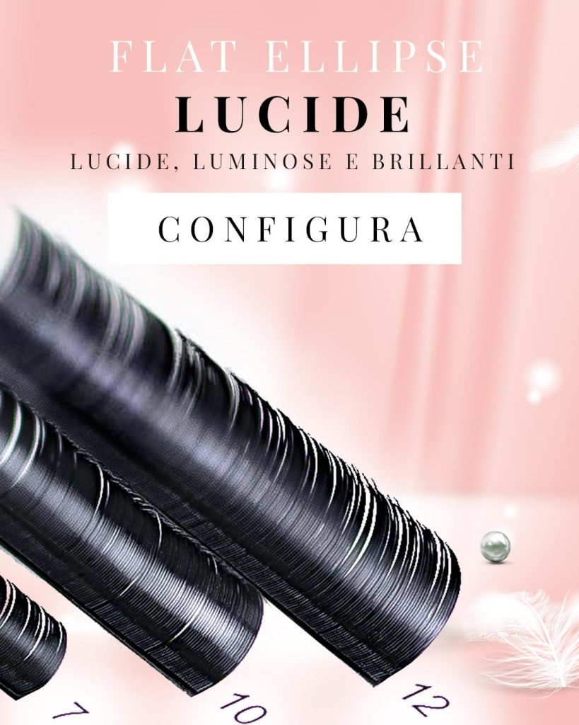 dettaglio di 3 strisce di ciglia per extension oblique con titolo ciglia flat ellipse lucide