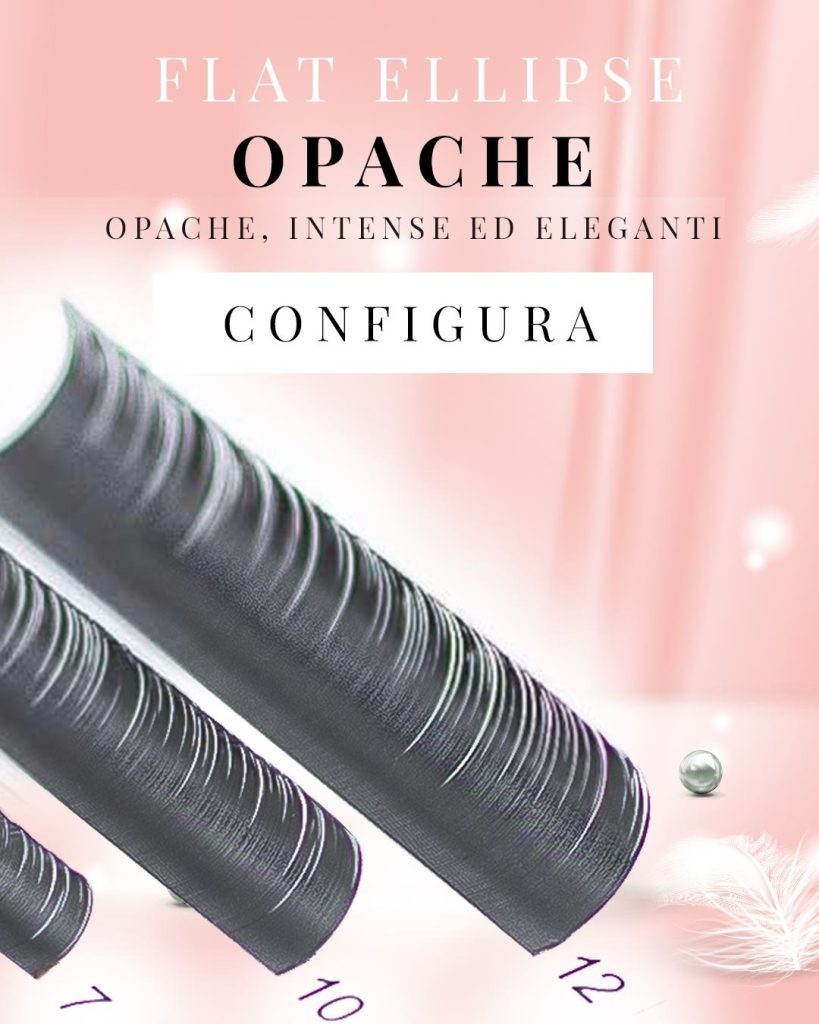 dettaglio di 3 strisce di ciglia per extension oblique con titolo ciglia flat ellipse opache