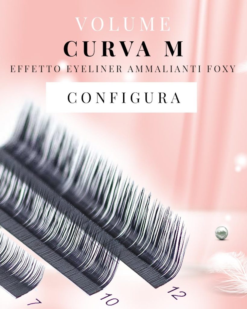 dettaglio di 3 strisce di ciglia per extension oblique con titolo ciglia volume curva emme