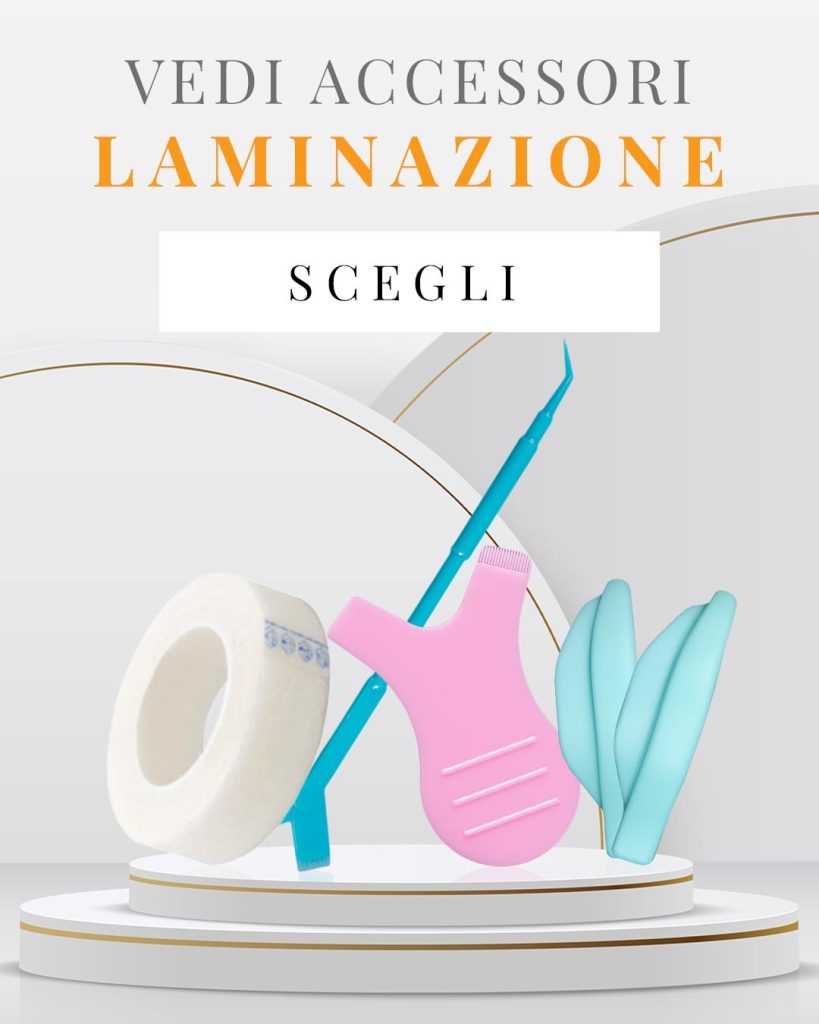  foto composizione di vari accessori laminazione ciglia kerafill con il titolo e il pulsante 