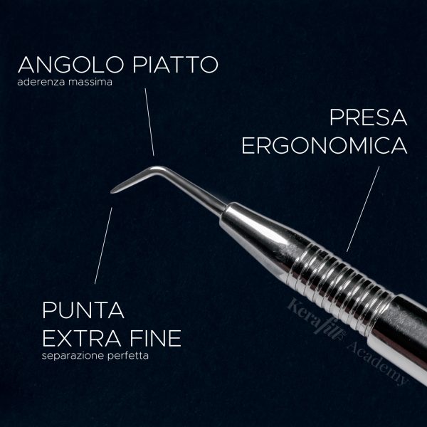 foto della punta a 25 gradi di un sollevatore ciglia con dettagli scritti dei vantaggi