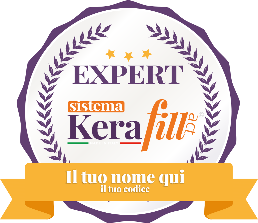 Sigillo con alloro interno bianco e ribbon arancio sotto con scritta Kerafill expert